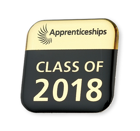Black and gold rounded square commemerative badge for UK apprenticeships