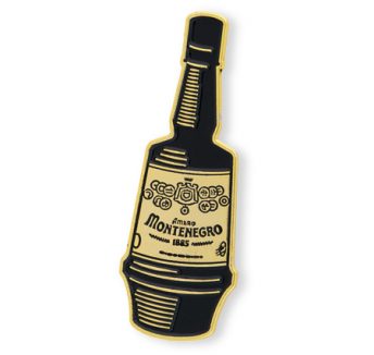 Liquor bottle shaped custom enamel badge for Amaro Montenegro